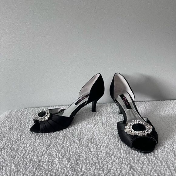Nina Black Satin Crystah Open Toe Heels Size 7 - Picture 1 of 9